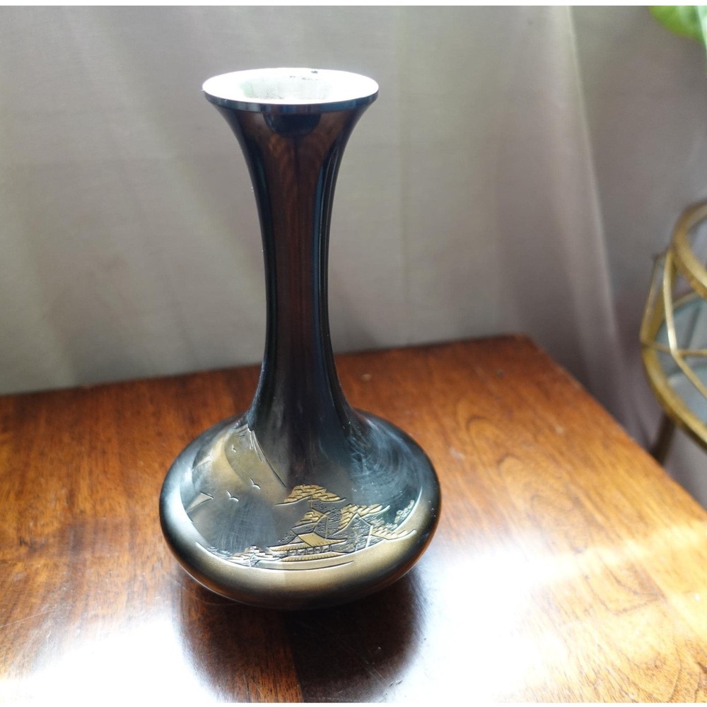 Vintage Japanese Bud Vase Silver Black Mountain Scene Home Decor Display